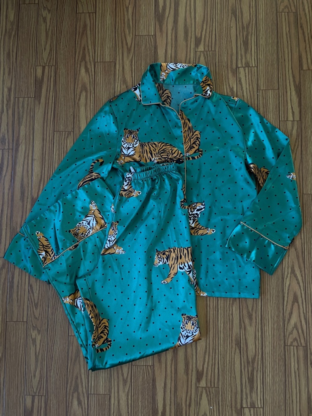 Retro style teal green satin polkadot tiger pajama pants set size small